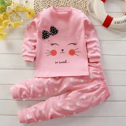 Baby Girl Home Clothes Pajamas Long Pants T-shirt Cartoon Underwear 2-Piece Cartoon Cat Pattern Girls Clothes Suit 0 to 6 Years