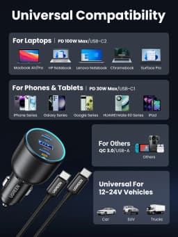 UGREEN 130W USB C Fast Car Charger with PD Cable for For Xiaomi iPhone 17 Samsung Galaxy S24 Laptops Fast USB C Car Charger QC4