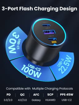 UGREEN 130W USB C Fast Car Charger with PD Cable for For Xiaomi iPhone 17 Samsung Galaxy S24 Laptops Fast USB C Car Charger QC4