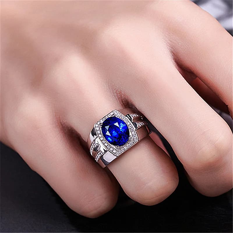 Classic Dark Blue Crystal Egg-shaped Stone Ring For Men Jewelry Trendy 925 Silver Ring Male Bridal Wedding Accessories