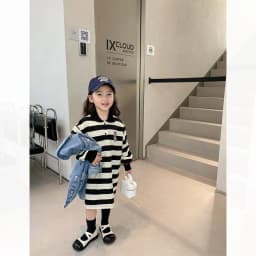 Girls Stripes Dresses Autumn Spring Long Sleeve polo neck Sweatshirt Dress Kids Fashion Casual Clothes 1-10 Years