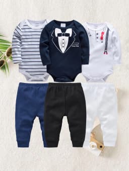 6 Pcs Baby Clothes Boys Romper Long Sleeve Bodysuit Trousers Baby Clothing Sets Onesize and Pants Suit Newborn Gift