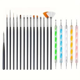 20Pcs Nail Art Brush Design Tip Painting Drawing Carving Dotting Pen FlatFan Liner Acrylic Gel UV Polish Manicure Tools