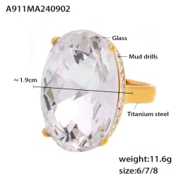 Big Oval Glass Stone Luxury Stainless Steel Rhinestones Rings For Women Trendy Index Finger Ring Jewelry Wedding Banquet Gift