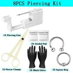 8Pcs Septum Piercing Jewelry Kit Nose Cartilage Tragus Piercing Gun Professional Tools Hollow Needle Piercer Clamps