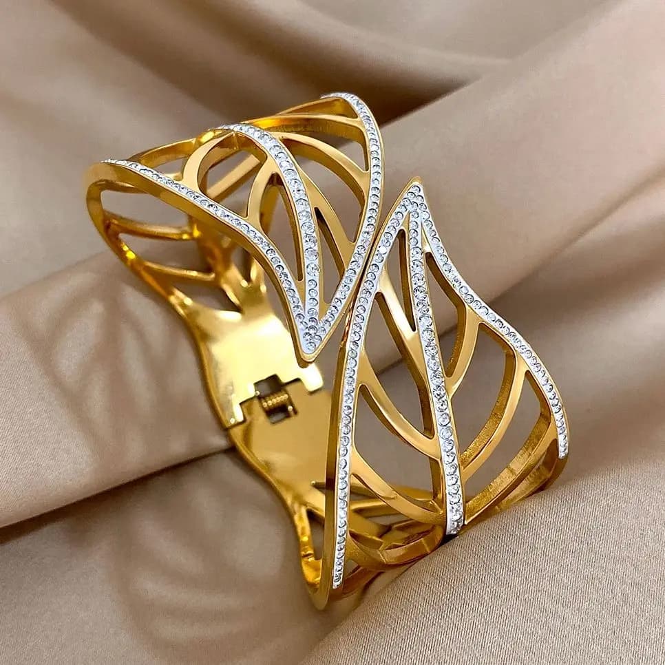 Chunky Big Leaves Stainless Steel Bracelets for Women Elegant Inlaid Rhinestone Gold Plated Cuff Bangles Waterproof Jewelry