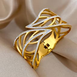 Chunky Big Leaves Stainless Steel Bracelets for Women Elegant Inlaid Rhinestone Gold Plated Cuff Bangles Waterproof Jewelry