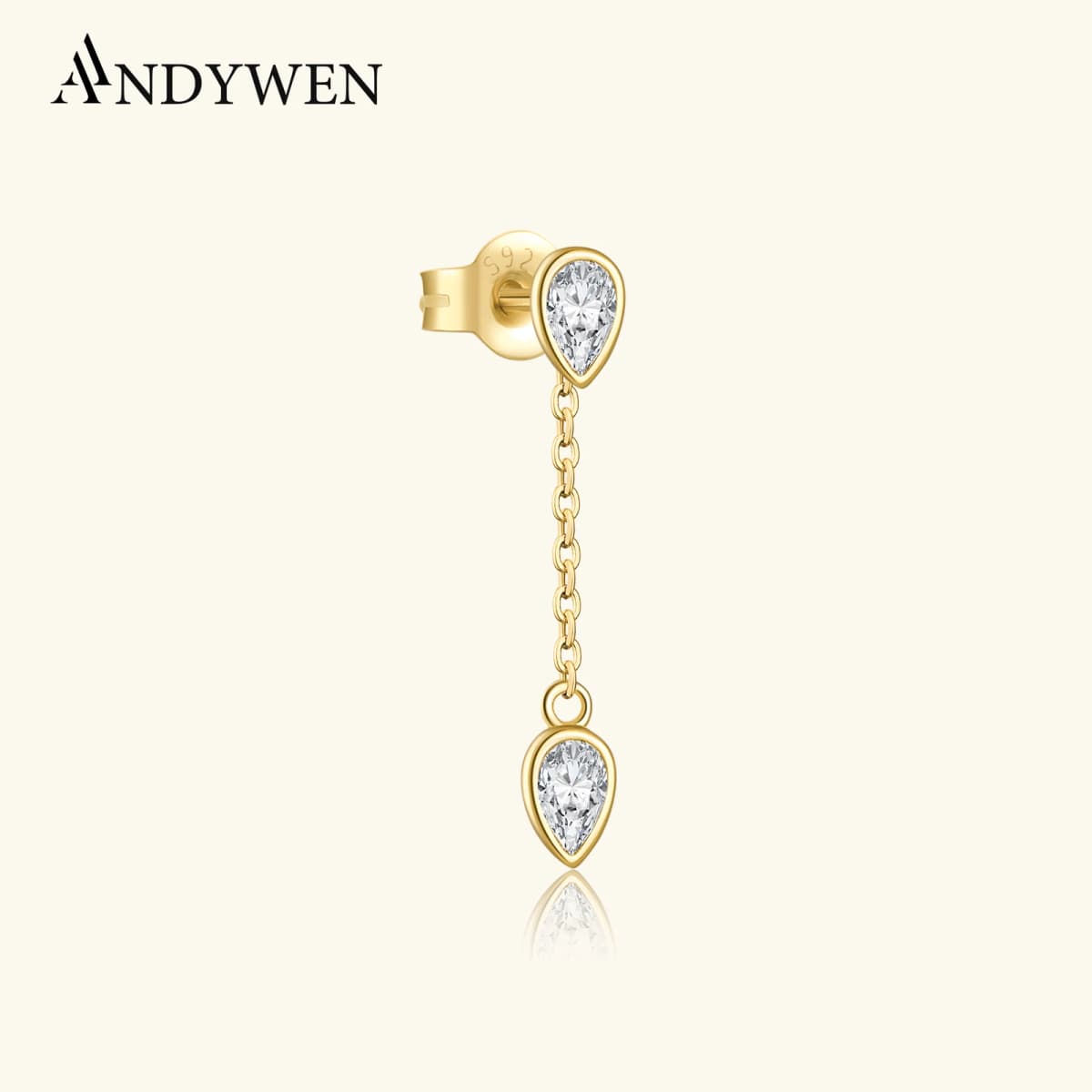 ANDYWEN Women 925 Sterling Silver Two Pear Shape Clear Zircon Single 1PCS Long Stud Earring Pendientes Piercing Fine Jewelry