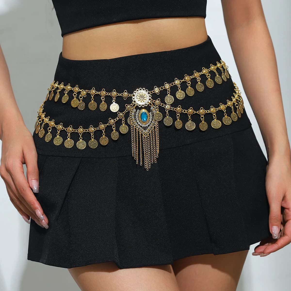 Exaggerated Retro Blue Rhinestone Tassel Metal Waist Chain for Women Luxury Double Layered Craved Coin Belt Chains Body Jewelry