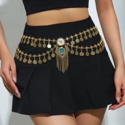 Exaggerated Retro Blue Rhinestone Tassel Metal Waist Chain for Women Luxury Double Layered Craved Coin Belt Chains Body Jewelry