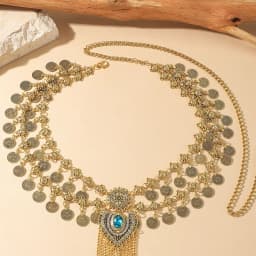 Exaggerated Retro Blue Rhinestone Tassel Metal Waist Chain for Women Luxury Double Layered Craved Coin Belt Chains Body Jewelry