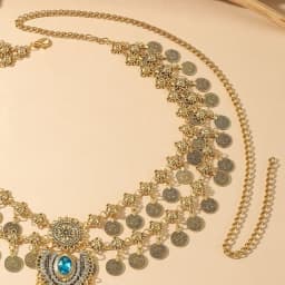 Exaggerated Retro Blue Rhinestone Tassel Metal Waist Chain for Women Luxury Double Layered Craved Coin Belt Chains Body Jewelry