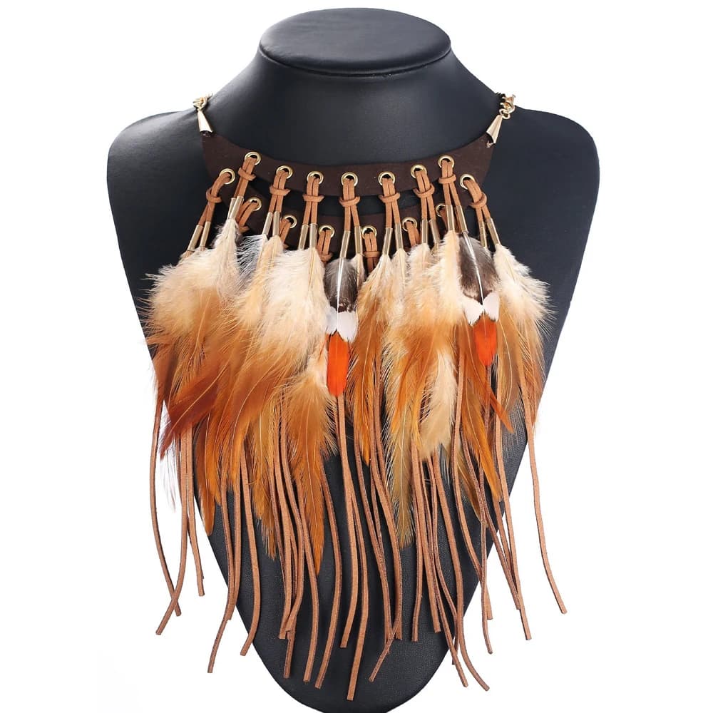 Long Brown Feather Leather Tassel Bib Necklace for Women Vintage Bohemian Indian Ethnic Tribal Feather Choker Statement Jewelry
