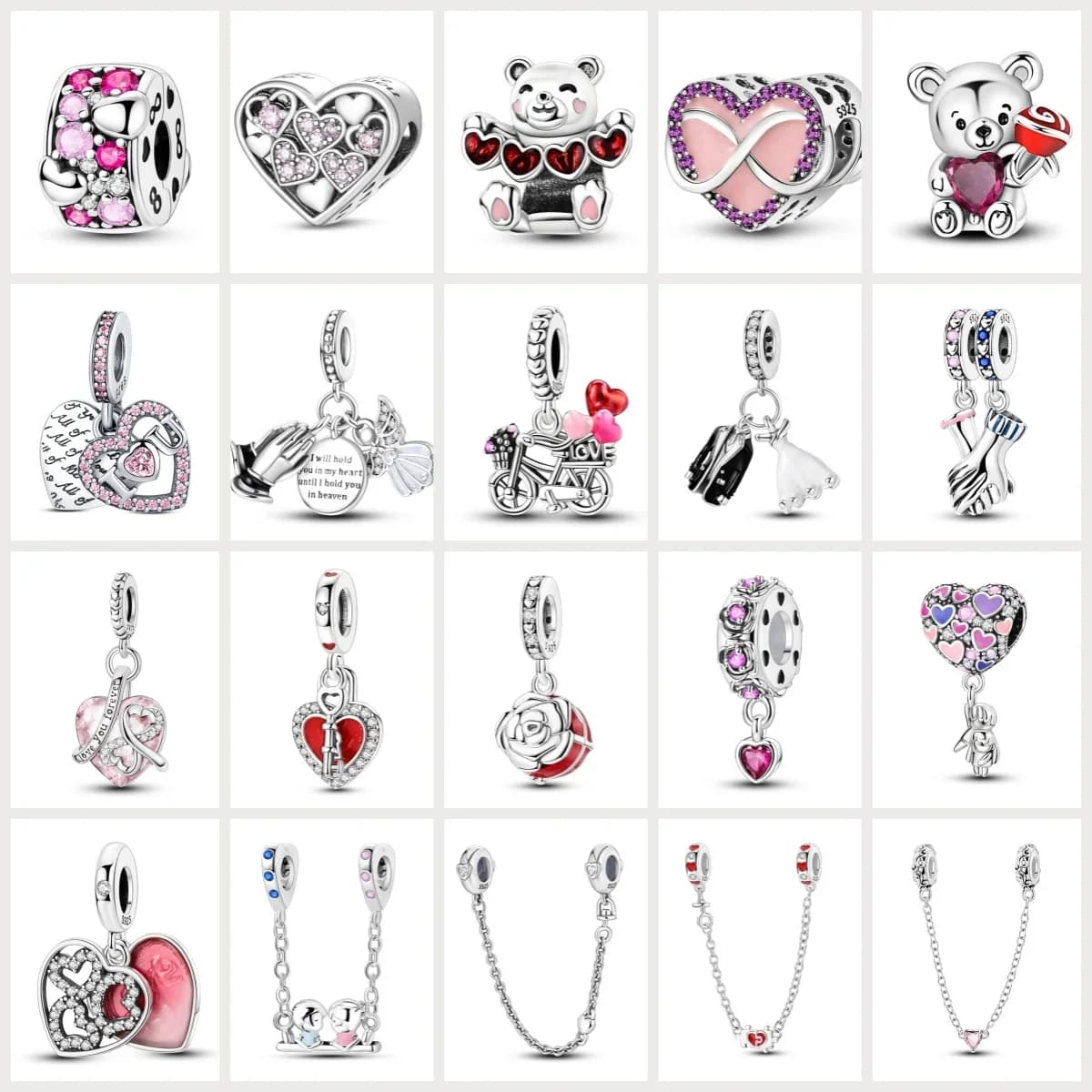 Romantic Valentine's Day Charms Pink Heart Rose Bear Charms Fit for 925 Silver Bracelet Necklace Women Anniversary‘s Gifts