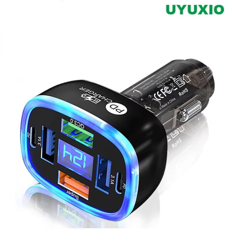 UYUXIO USB C Car Phone Charger 6 in 1 with Voltage Display Super Fast Charge Adapter for Samsung iPhone 16 15 Pro Max Oneplus