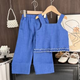 Summer Kids Clothes Korean Version Fashion 3-7Y Girls Blue Imitation Denim Bow Print Sleeveless Tops+Pants 2 Pcs Set