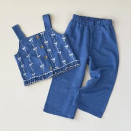 Summer Kids Clothes Korean Version Fashion 3-7Y Girls Blue Imitation Denim Bow Print Sleeveless Tops+Pants 2 Pcs Set