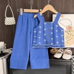 Summer Kids Clothes Korean Version Fashion 3-7Y Girls Blue Imitation Denim Bow Print Sleeveless Tops+Pants 2 Pcs Set