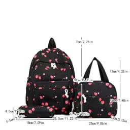 Fashionable Cute Strawberry Backpack Set 3Pcs Handbag&Pen Pouch Quilted Nylon Women's Dual Zipper Campus Commute Essentials