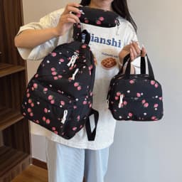 Fashionable Cute Strawberry Backpack Set 3Pcs Handbag&Pen Pouch Quilted Nylon Women's Dual Zipper Campus Commute Essentials