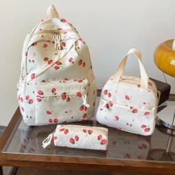 Fashionable Cute Strawberry Backpack Set 3Pcs Handbag&Pen Pouch Quilted Nylon Women's Dual Zipper Campus Commute Essentials
