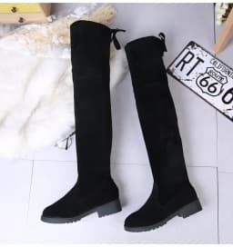 2025 Faux Suede Female Heels Autumn Winter Elastic Knee-high Boots for Women Tube Lace-up Thigh Boots Black Botas