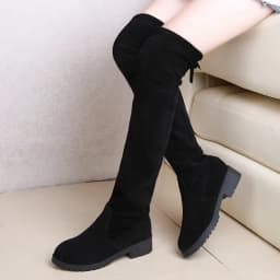 2025 Faux Suede Female Heels Autumn Winter Elastic Knee-high Boots for Women Tube Lace-up Thigh Boots Black Botas
