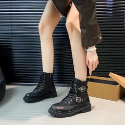 New Round Toe Fashionable Side Zipper Motorcycle Shoes Solid Color Elegant Warm Casual Lace-up Non-slip Women's Boots