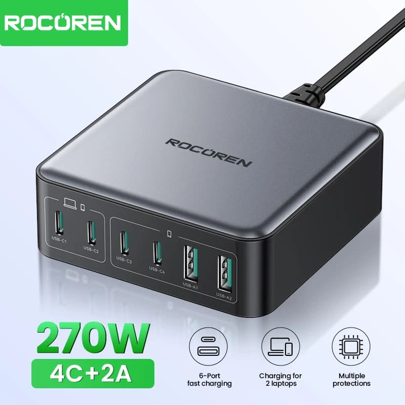 Rocoren 200W GaN Charger PD Fast Charging USB Type C Charger 270W 6 in 1 USBC Power Station For iPhone 16 15 Pro Max Xiaomi 14