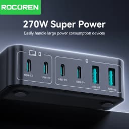 Rocoren 200W GaN Charger PD Fast Charging USB Type C Charger 270W 6 in 1 USBC Power Station For iPhone 16 15 Pro Max Xiaomi 14