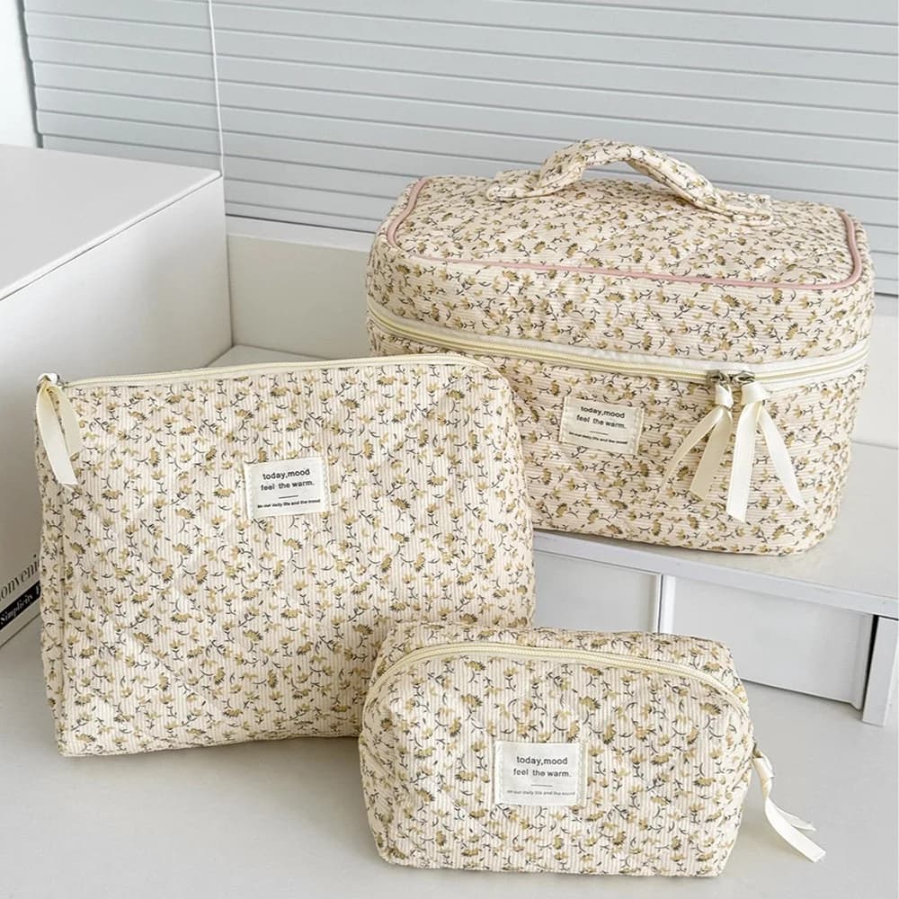 Vintage Women Floral Print Cosmetic Pouch Handbag Travel Orgainzer Make Up Storage Bag Large Capacity Quilted Bag For Gift