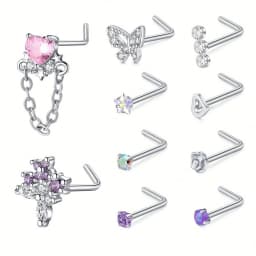 10pcs 20G 7mm Nose Stud Set, 304 Stainless Steel Nostril Jewelry, Elegant Cute Nose Screw Hoop Rings, Synthetic Zirconia