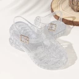 Summer Breathable Fashion Cartoon Print Cool Fine Glitter Sequins Jelly Shoes Adjustable PVC Girls Sandals