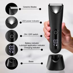Groin & Body Hair Trimmer for Men, Electric Ball Pubic Trimmer Shaver with Charge Base ,Replaceable Ceramic Blade Heads, Wet/Dry