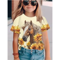 Children's Clothing Girl Cute and Funny Animal Horse 3D Print Graphic T Shirts Style Comfortable Crew Neck Top T-Shirt for Girls