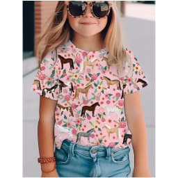 Children's Clothing Girl Cute and Funny Animal Horse 3D Print Graphic T Shirts Style Comfortable Crew Neck Top T-Shirt for Girls