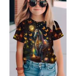 Children's Clothing Girl Cute and Funny Animal Horse 3D Print Graphic T Shirts Style Comfortable Crew Neck Top T-Shirt for Girls