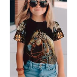 Children's Clothing Girl Cute and Funny Animal Horse 3D Print Graphic T Shirts Style Comfortable Crew Neck Top T-Shirt for Girls