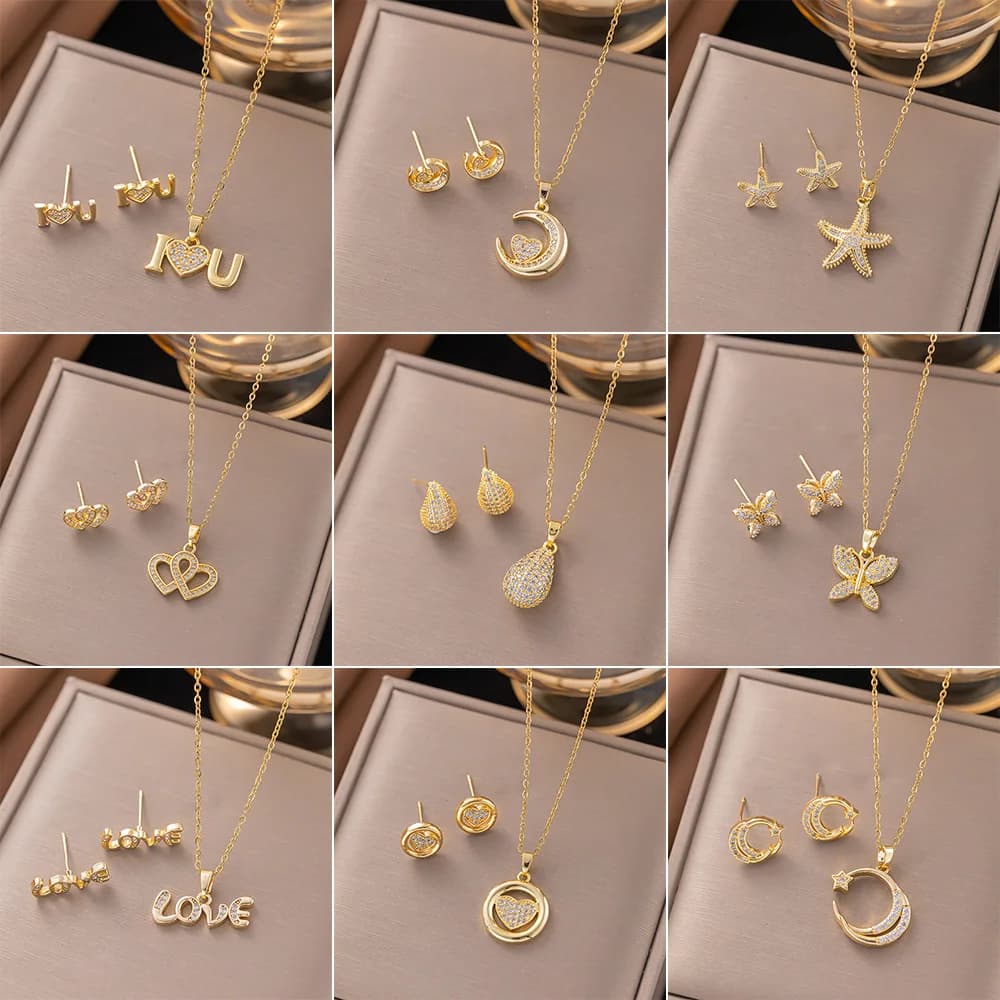 Trendy 18K Gold Plated Zircon Crystal Pendant Stainless Steel Necklace Earring For Women Clavicle Chain Jewelry Lady Accessories