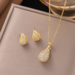 Trendy 18K Gold Plated Zircon Crystal Pendant Stainless Steel Necklace Earring For Women Clavicle Chain Jewelry Lady Accessories