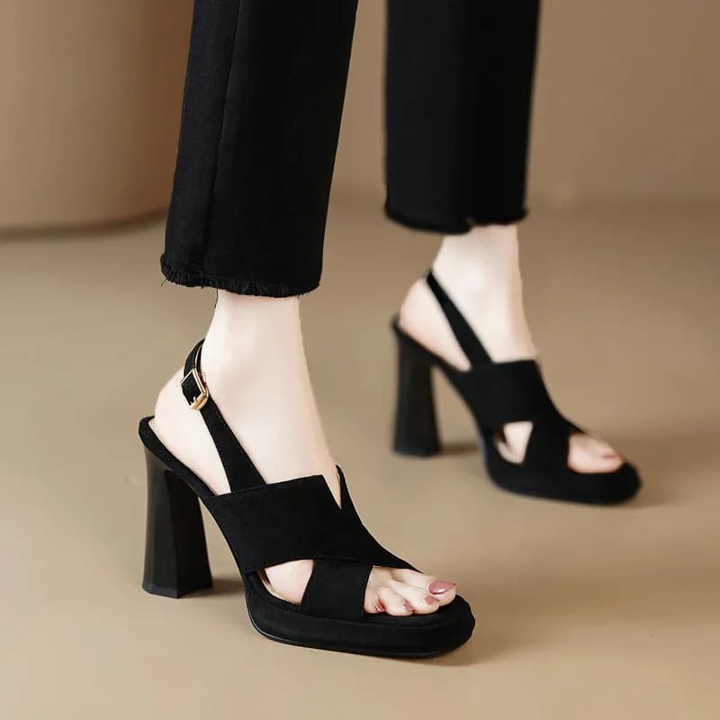 Heels Shoes Women Sandals 40 Sizes Square Toe Thick Heeled Pumps Outside Elegant Back Strap Black Leather Shoes