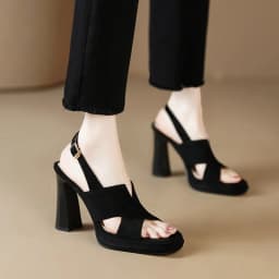 Heels Shoes Women Sandals 40 Sizes Square Toe Thick Heeled Pumps Outside Elegant Back Strap Black Leather Shoes