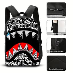 STREET Trendy Shark Graphic Backpack Graffiti Art Cartoon Print School Backpack Lightweight Casual Daypack for Students Travel
