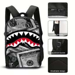 STREET Trendy Shark Graphic Backpack Graffiti Art Cartoon Print School Backpack Lightweight Casual Daypack for Students Travel