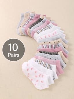 10 Pairs Adorable Girls' Socks, Featuring Heart-Shaped Stripes and Polka Dot Patterns, Children's Ankle Socks