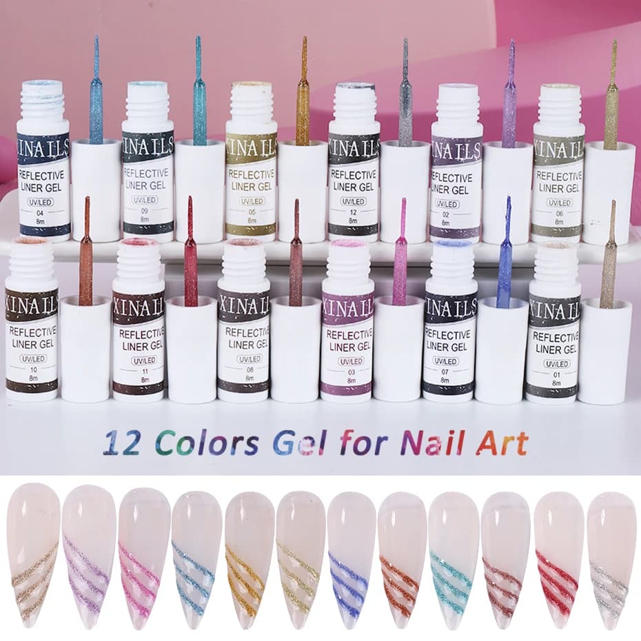 12 Colors Liner Gel Nail Kits for French Stripe Line Graffiti Painting Gel Glitter Nail Gel Polish DIY Design Manicure Varnish