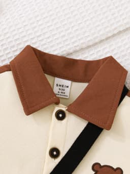 Toddler Bear Print 3-Piece Outfit, Beige & Brown Polo Shirt + Shorts + Crossbody Bag, Baby Boy Summer Casual Clothing Set