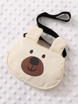 Toddler Bear Print 3-Piece Outfit, Beige & Brown Polo Shirt + Shorts + Crossbody Bag, Baby Boy Summer Casual Clothing Set