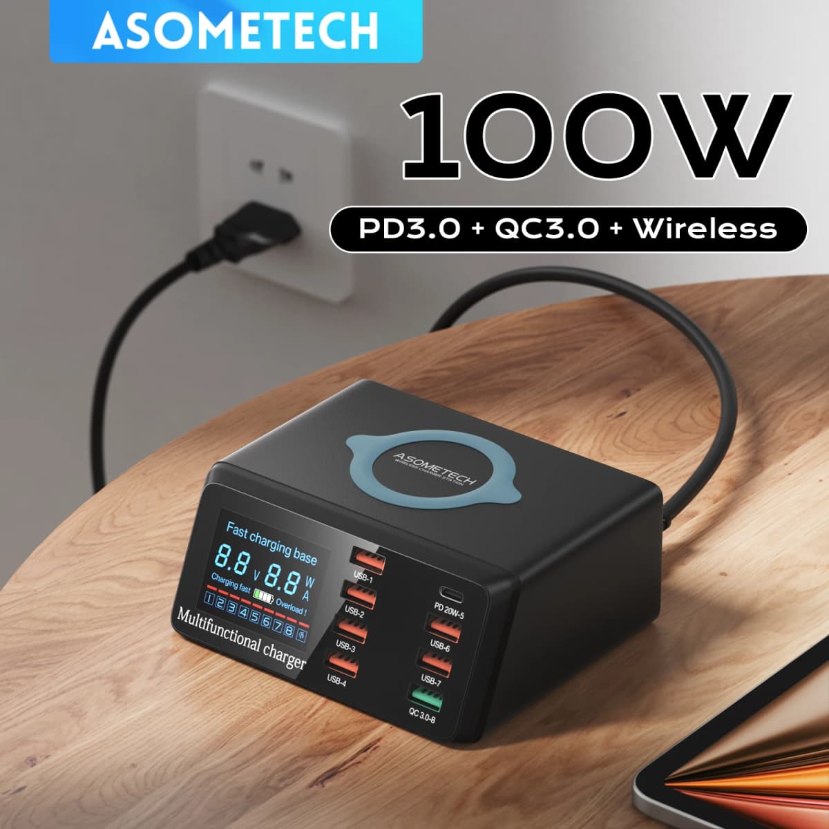 ASOMETECH 100W 8 Ports USB Fast Charger Station With Wireless Charging Digital Display QC3.0 PD3.0 Phone Charger For iPhone 17