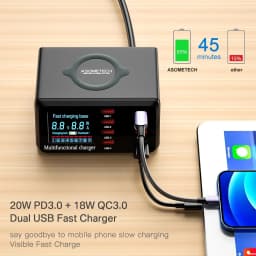ASOMETECH 100W 8 Ports USB Fast Charger Station With Wireless Charging Digital Display QC3.0 PD3.0 Phone Charger For iPhone 17
